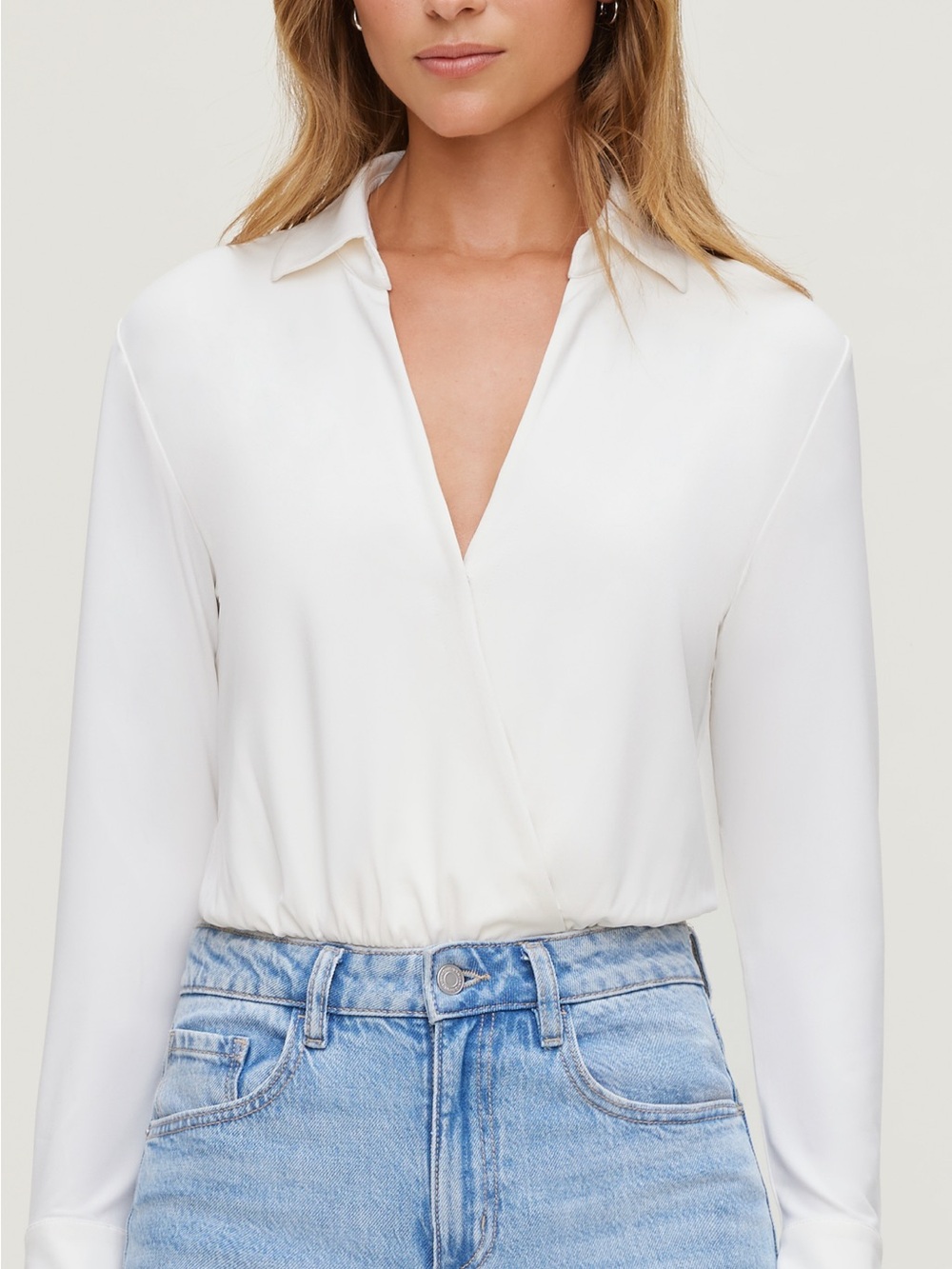 Dynamite Cream Surplice Collar Long-Sleeve Blouse Bodysuit